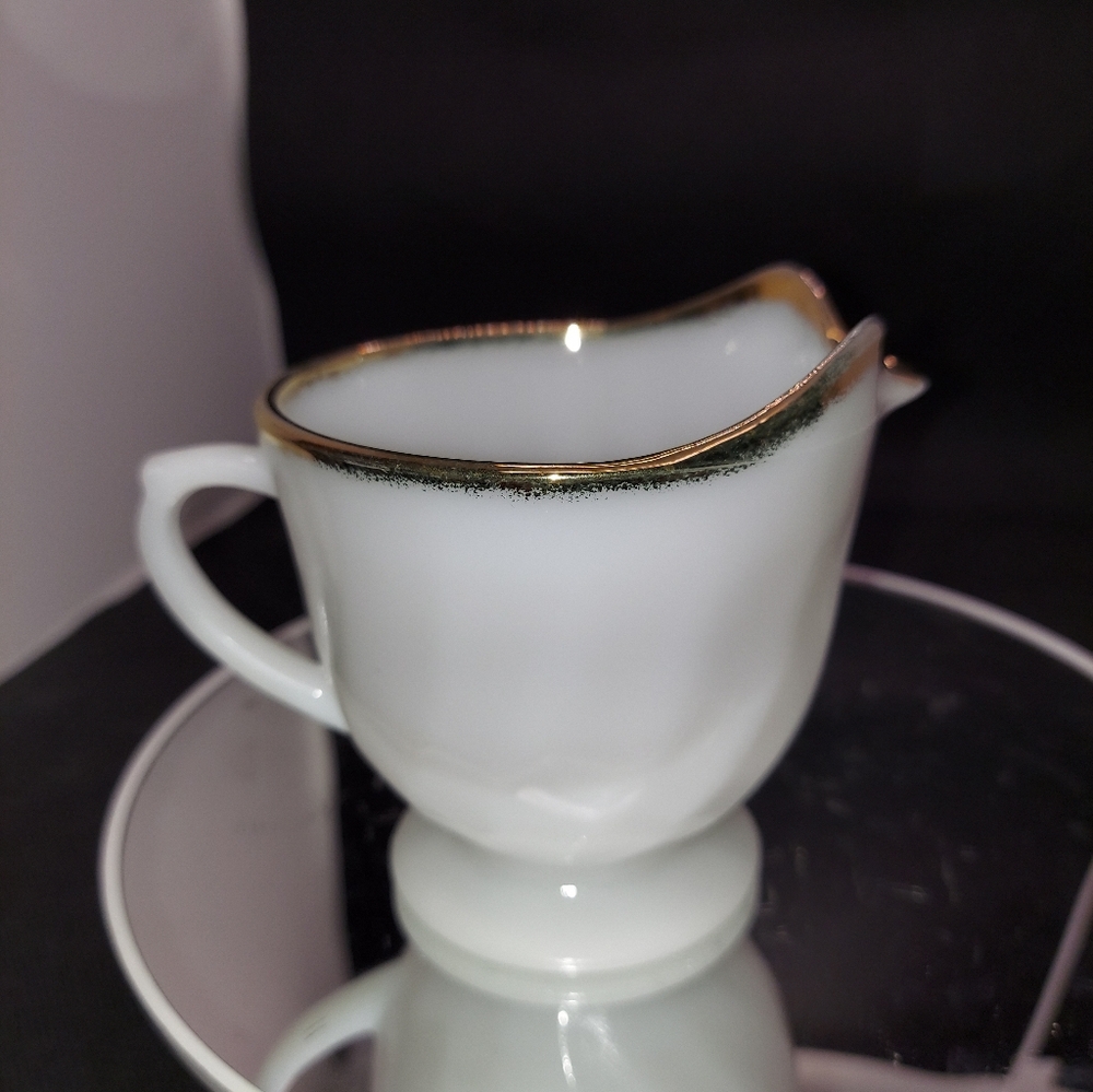 Anchor Hocking Fire King Creamer White Milk Glass Swirl Pattern And Gold Rim